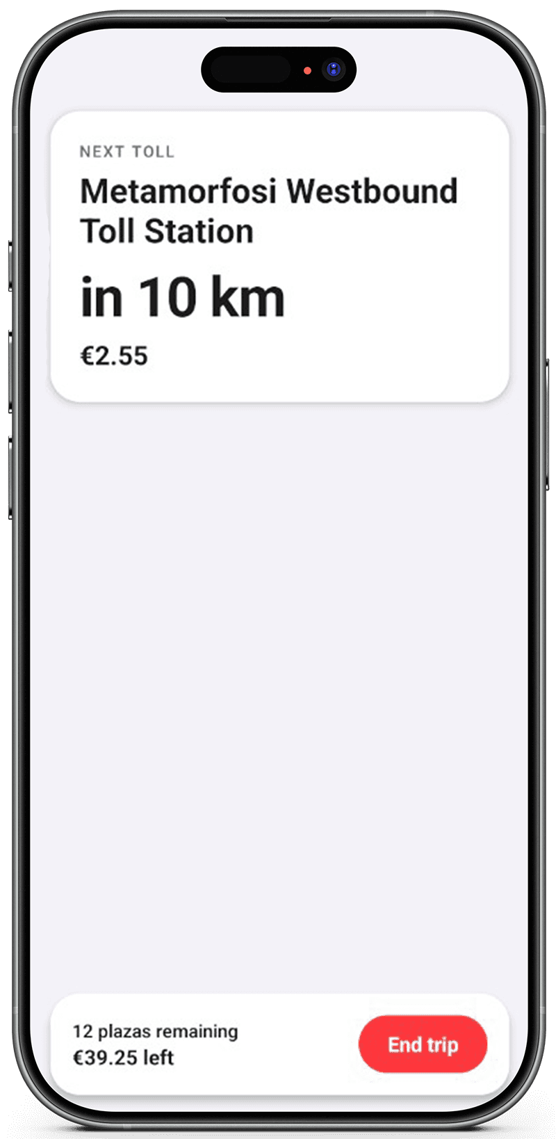 Spoken toll alert while driving in the Diodia app