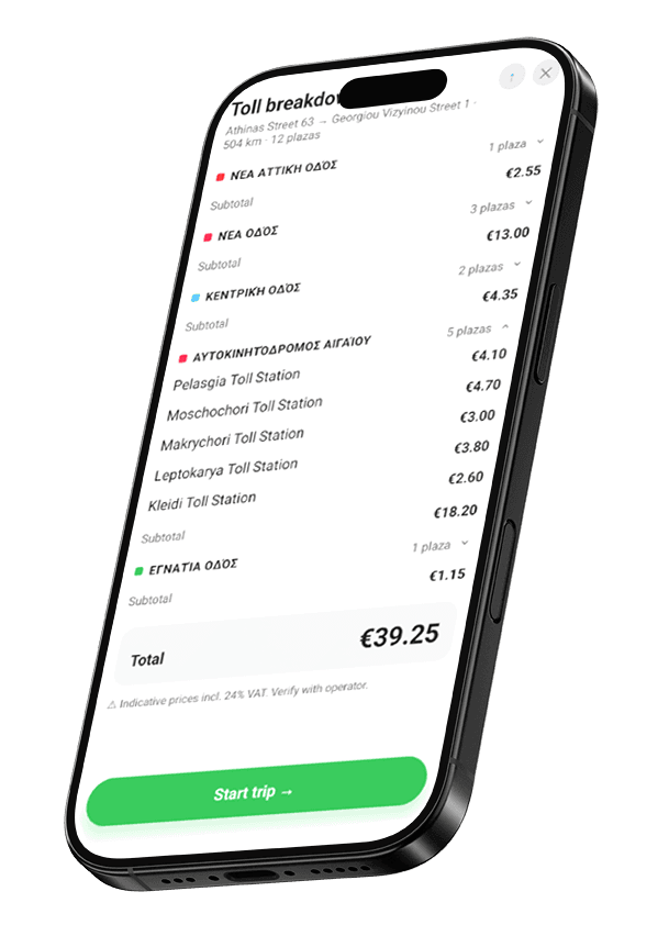 Per-operator toll breakdown screen in the Diodia app