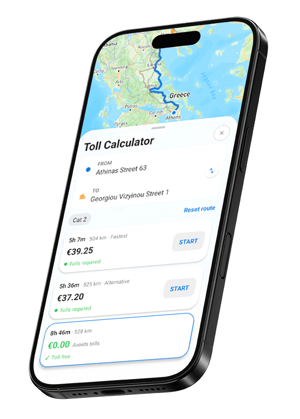 Route options with a toll-free alternative in the Diodia app