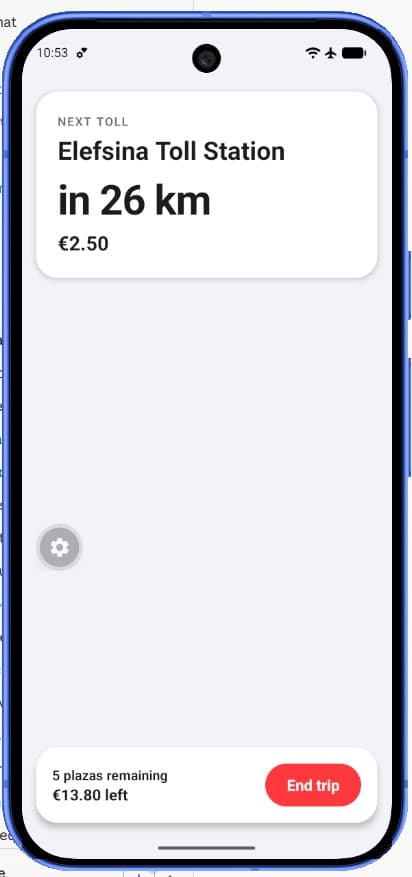 Spoken toll alert screen in the Diodia app