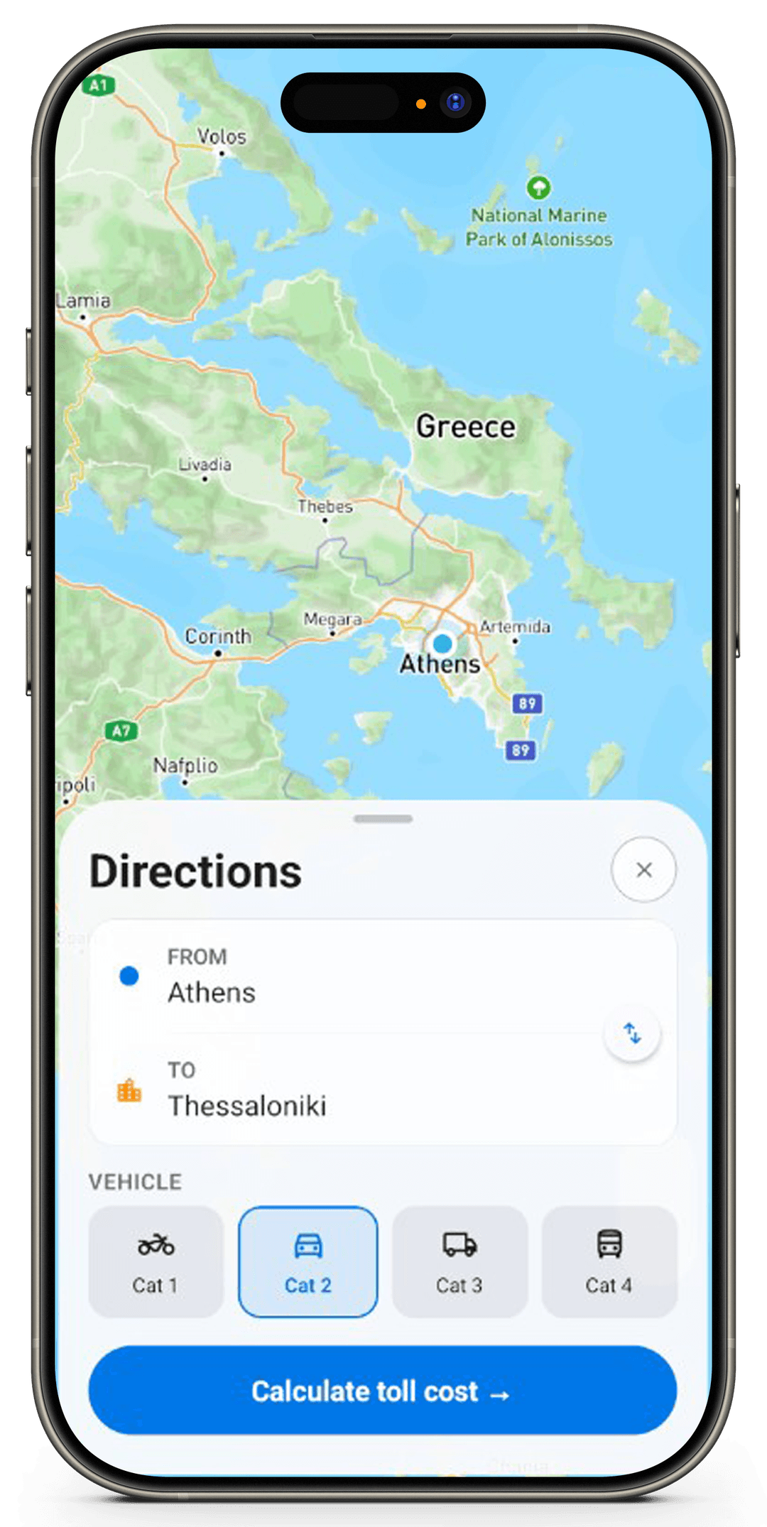 Diodia route entry screen for Athens to Thessaloniki
