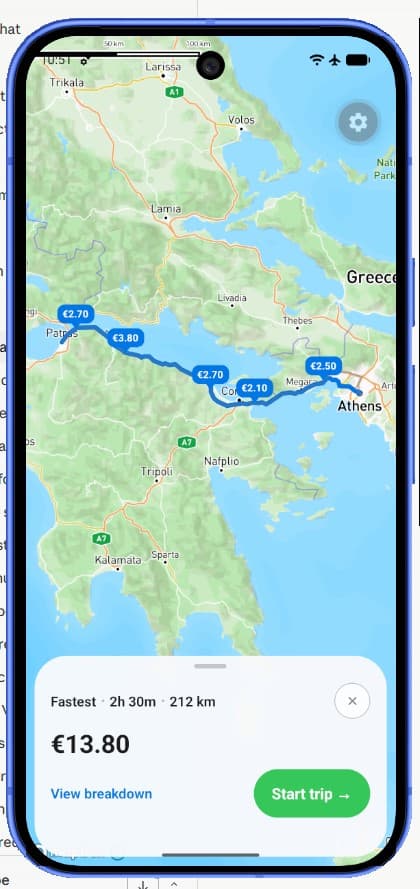 Diodia route screen showing priced toll plazas