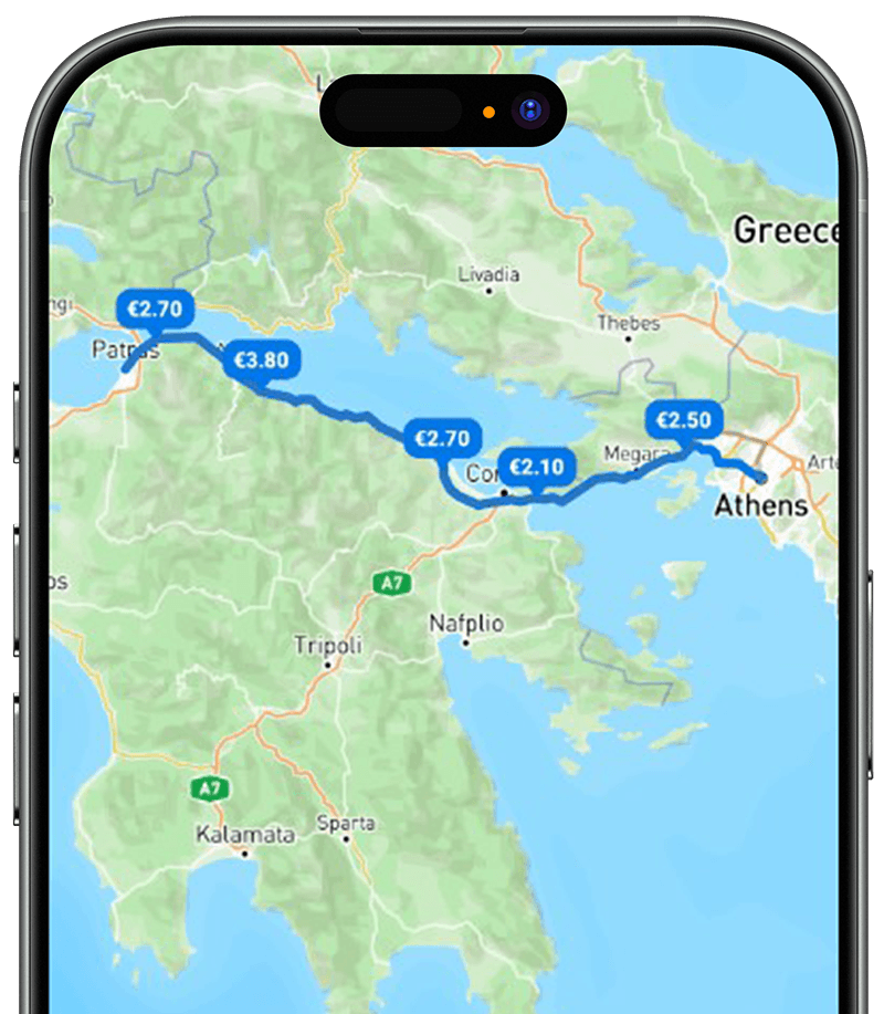 Toll cost calculator result screen in the Diodia app