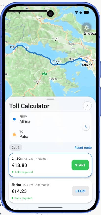 Toll cost calculator result screen in the Diodia app